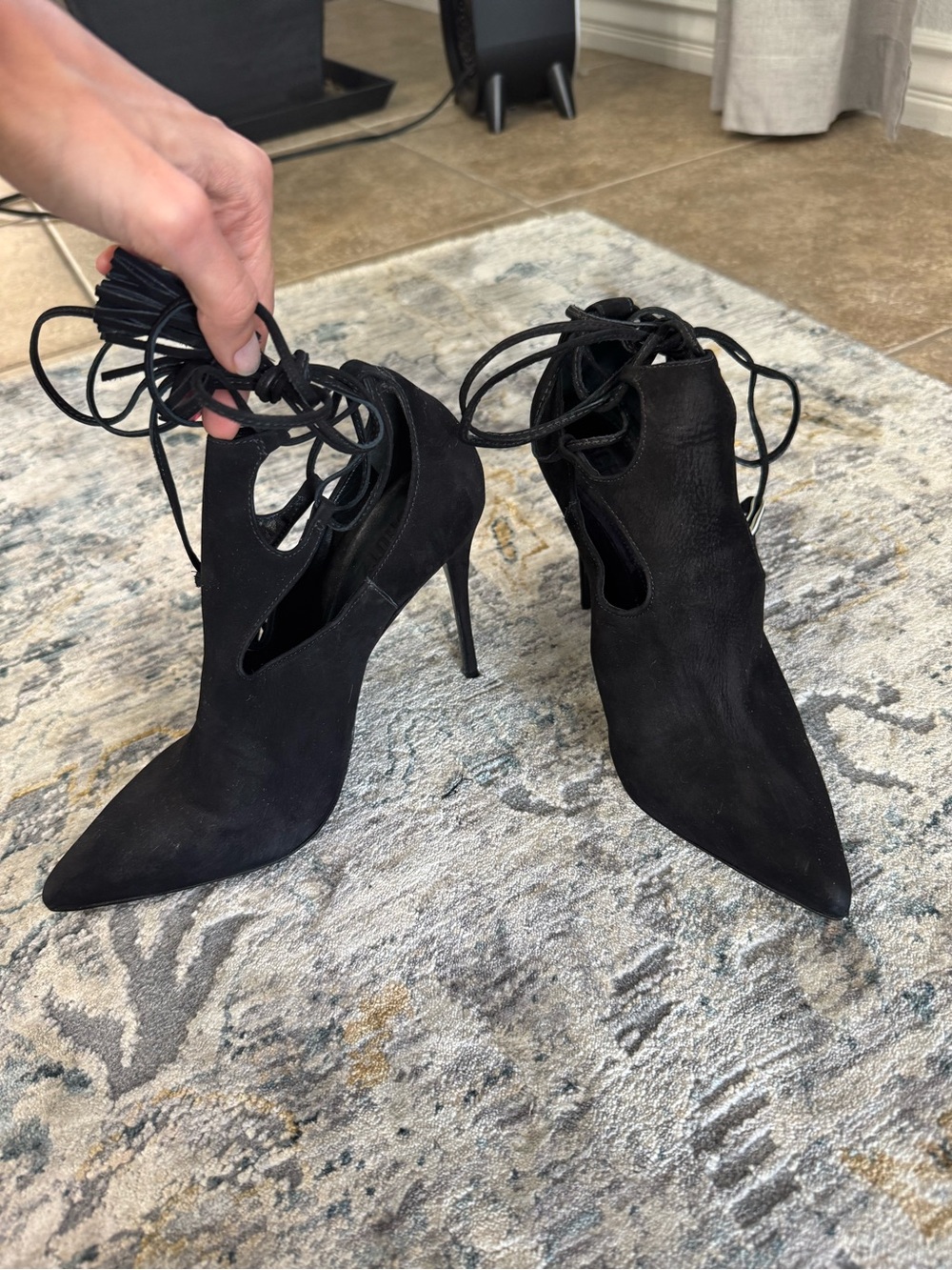 SCHUTZ Black Suede Pointed Lace-Up Stiletto Booties - Picture 2 of 7